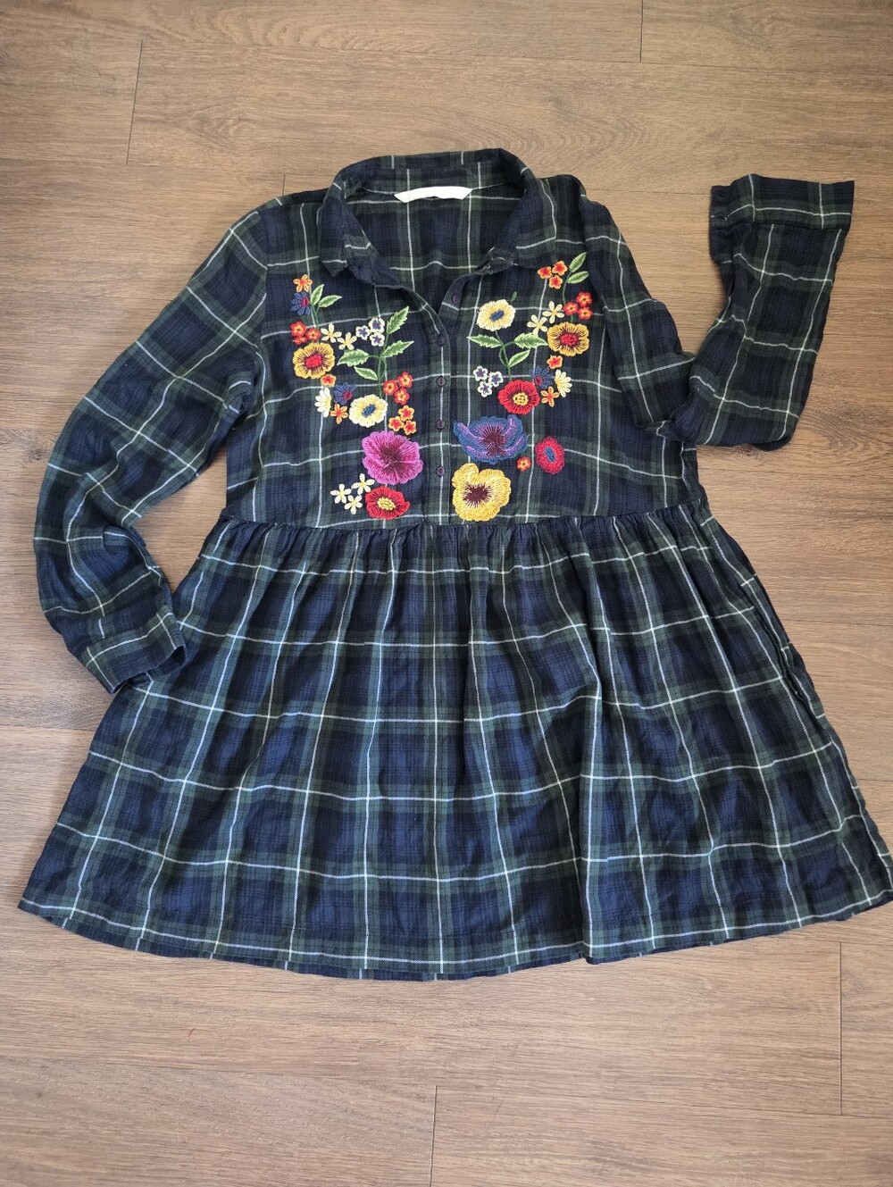 Zara Trafaluc Plaid Dress with Multicolor Floral Embroidery